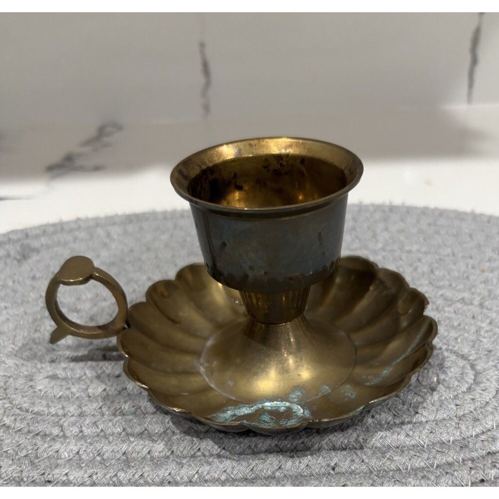 Vintage Solid Brass Candle Holder With Drip Plate & Ring Handle 4” Round India